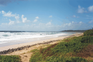 Der erste Blick auf sonnigen Strand